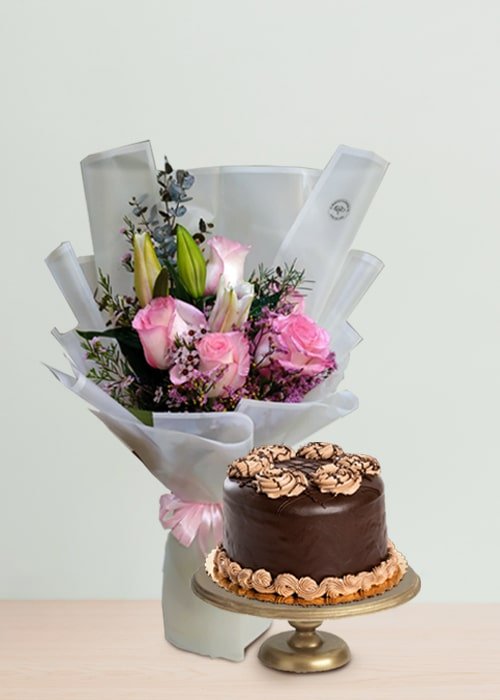Bunch Of 1 Pink Lily And 5 Pink Rose With Chocolate Cake