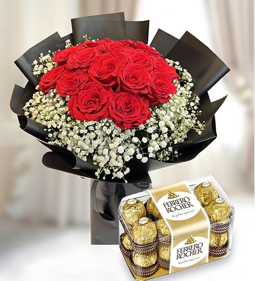 Admirable Red Roses Bouquet With Chocolate Box